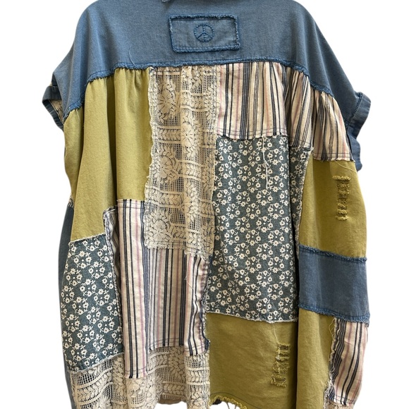 Blue Velvet Oversized Patchwork Button Down Shirt M/L | Boho Cottagecore - Picture 2 of 8